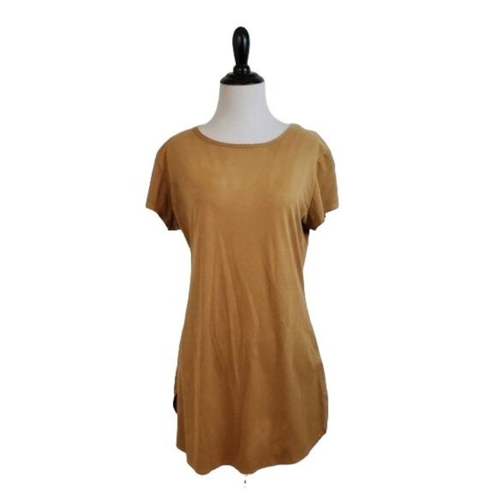 Nude Suede Boho Curvy Dress, Slit Small Tan Short Sleeve Neutral Sexy Country